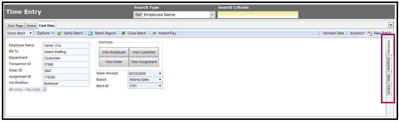 Top Section of Card View showing four tabs