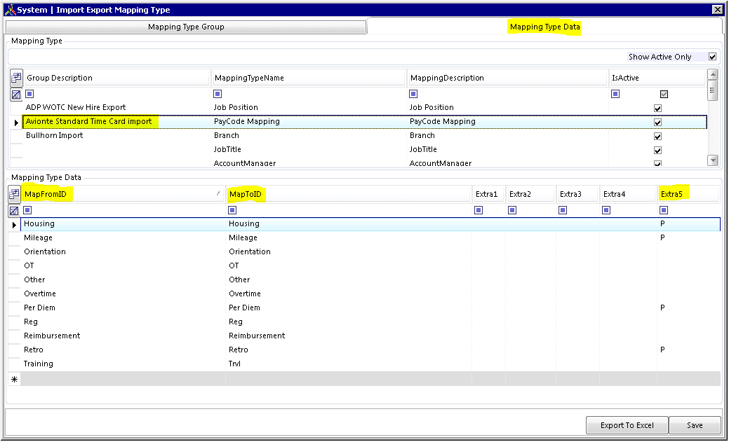 Import Export Mapping Type screen
