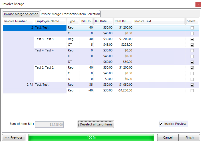 Invoice Merge Transaction Item Selection tab