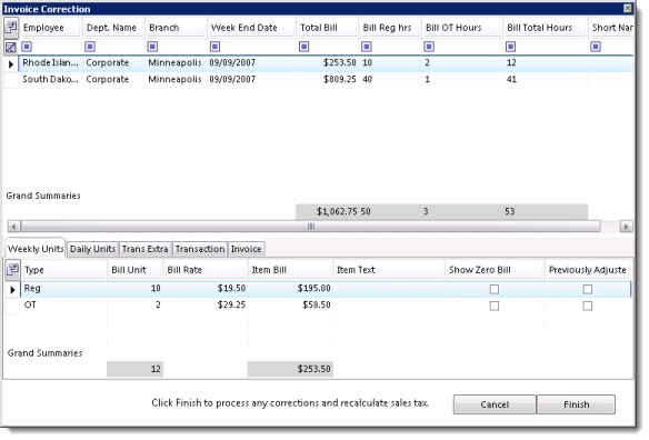 Invoice Correction window