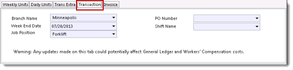 Transaction tab fields