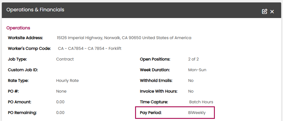 Job order Operations and Financials widget showing Pay Period field