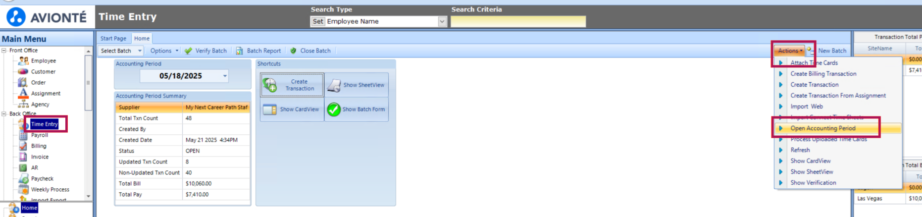 Time Entry screen showing Actions dropdown