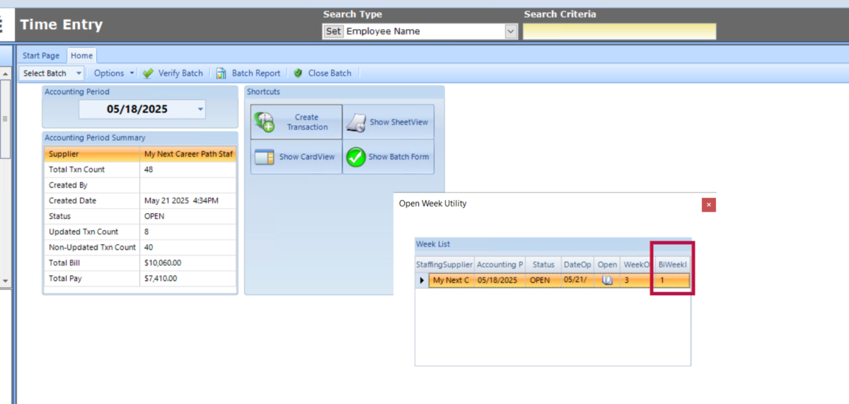 Open Accounting Period screen showing BiWeekly column with current Pay Cycle number
