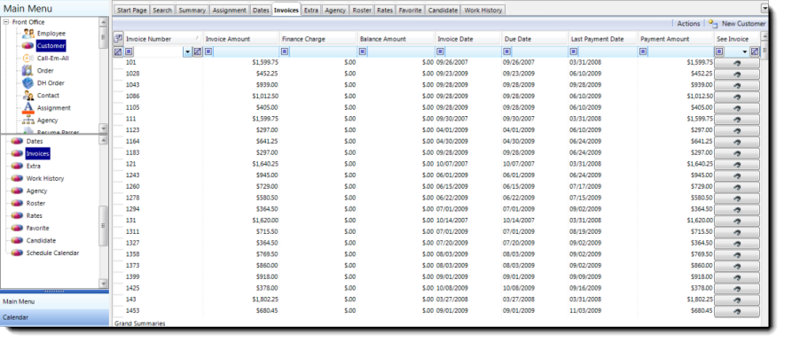 Customer Invoices list view showing invoice grid