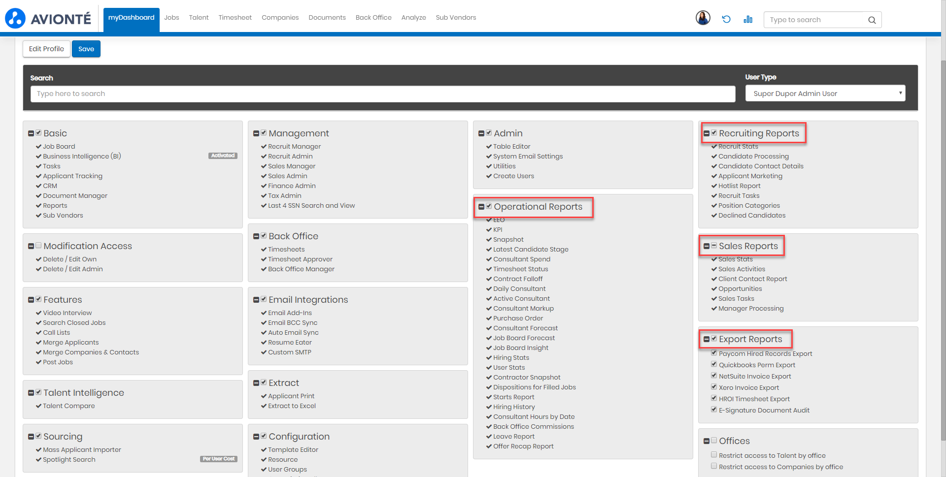 User Accounts - Edit Access screen