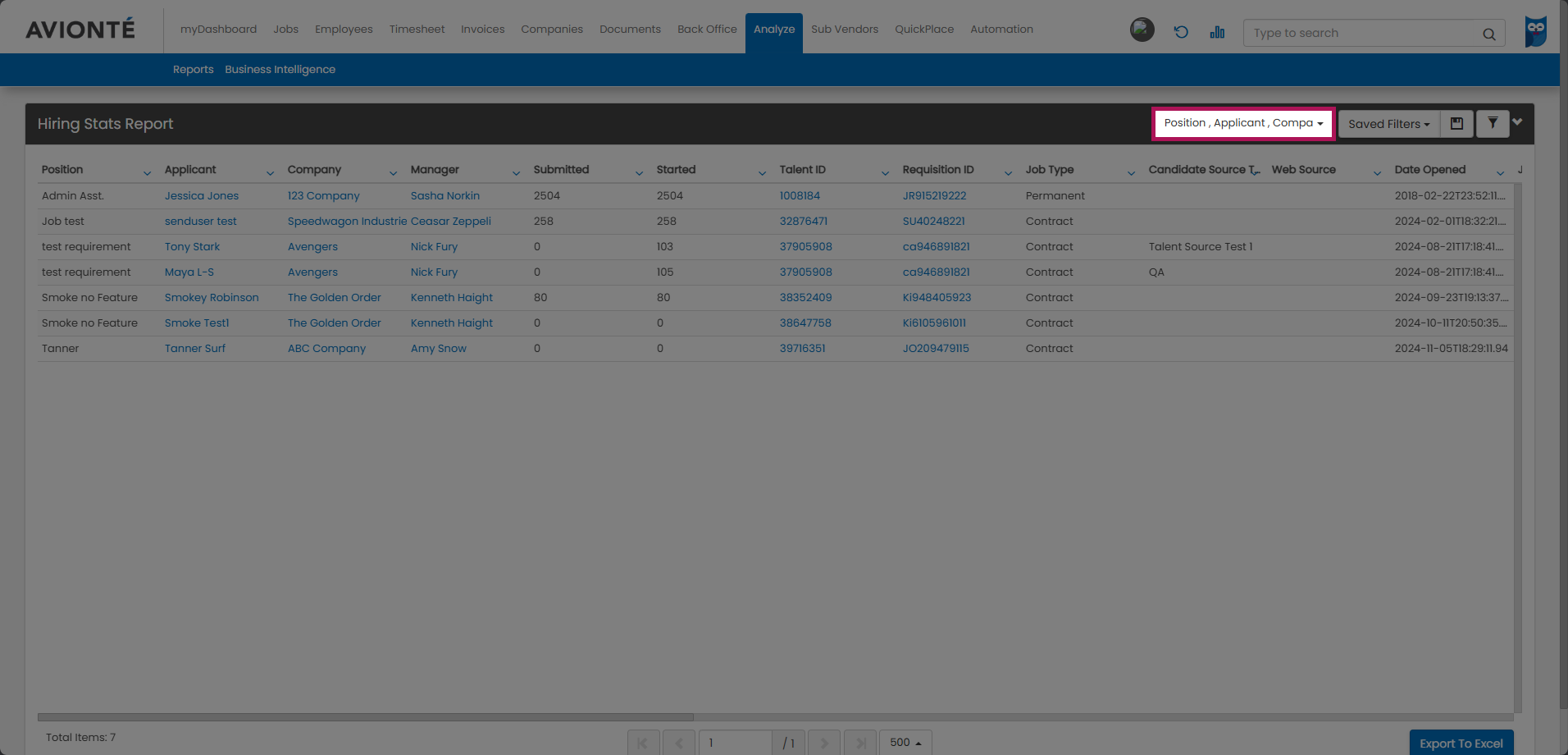 Column Selector drop-down in the Analyze report view