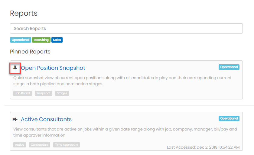 Pinning a report in the Analyze module