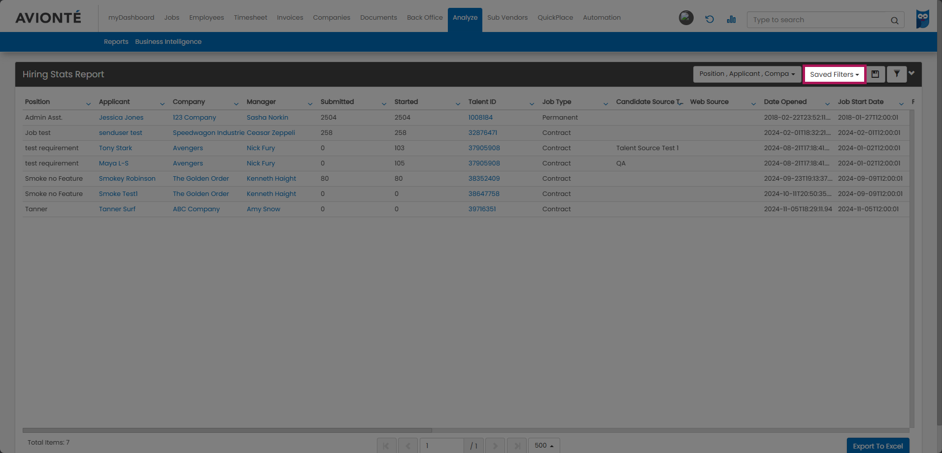 Saved Filters button in the Analyze report view