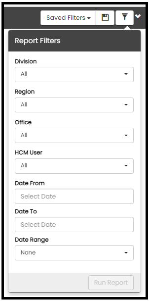 Back Office Commissions report filter panel