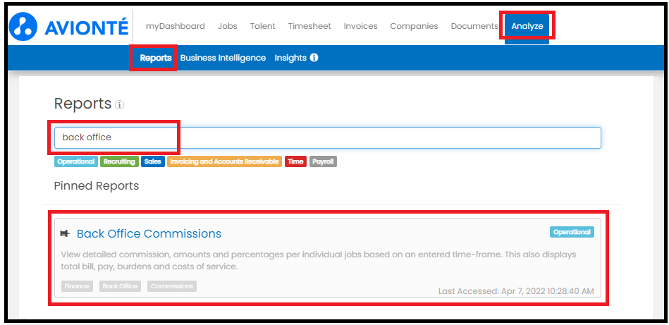 Back Office Commissions report search results