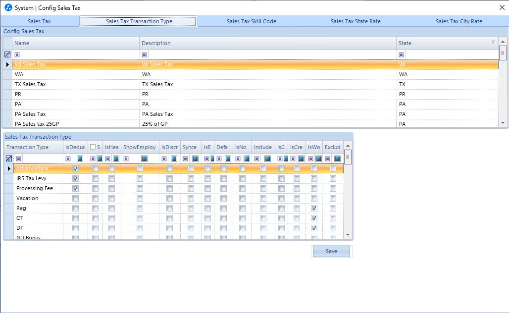 Sales Tax Transaction Type tab