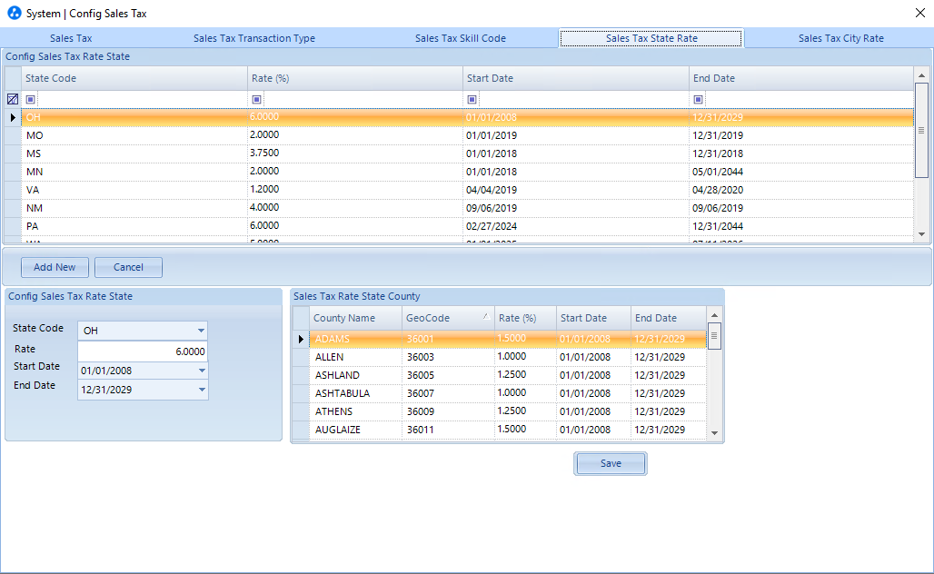 Sales Tax State Rate tab