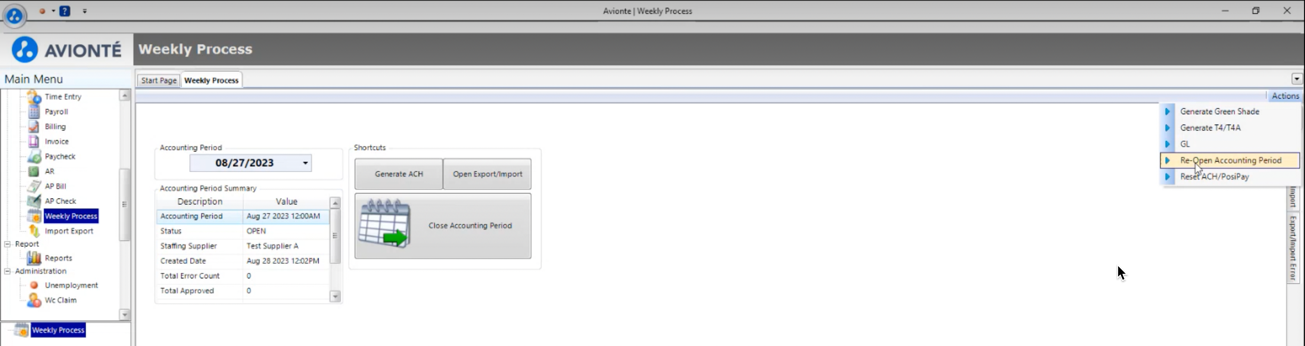 Re-Open Accounting Period menu
