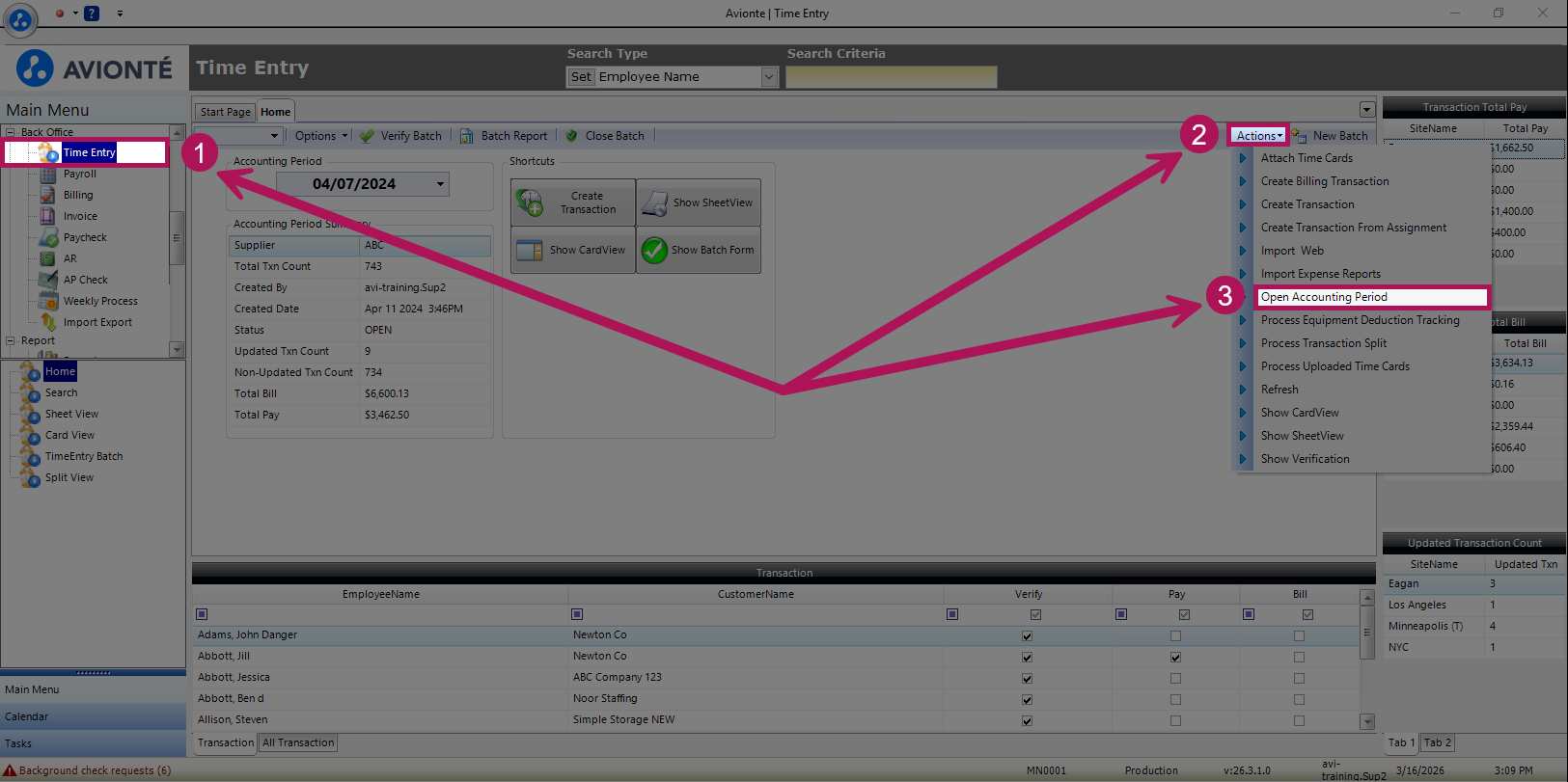 Actions menu with Open Accounting Period option highlighted