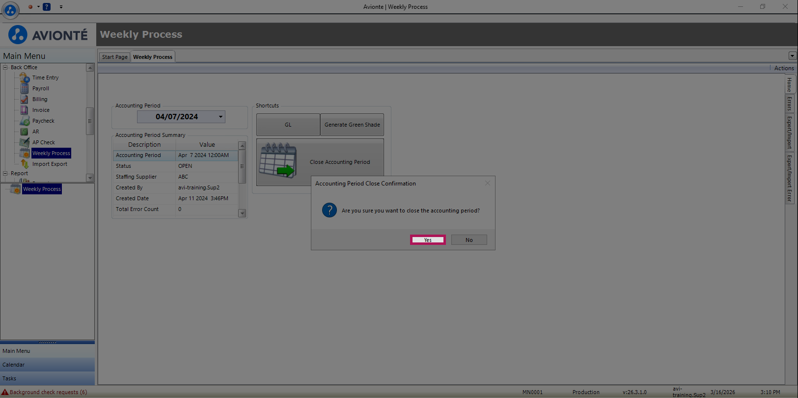 Confirmation pop-up for closing an accounting period