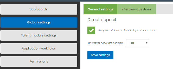 Direct Deposit global settings