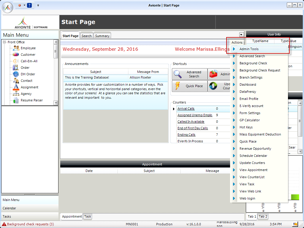 Admin Tools menu