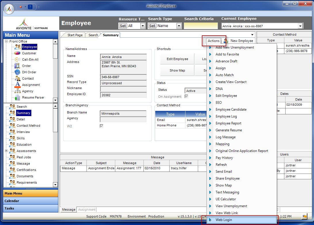 Action menu with Web Login selected