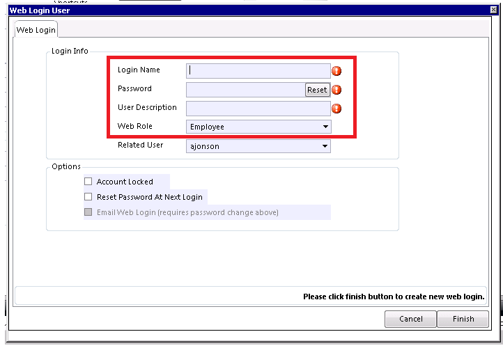 Web Login User window