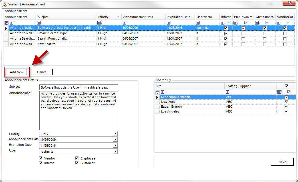 System Announcements window