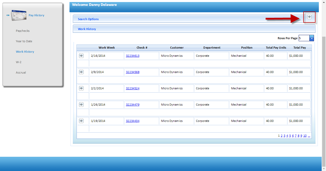 Work History search options