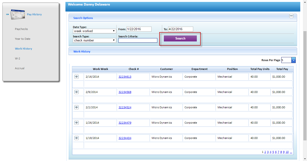 Work History search results