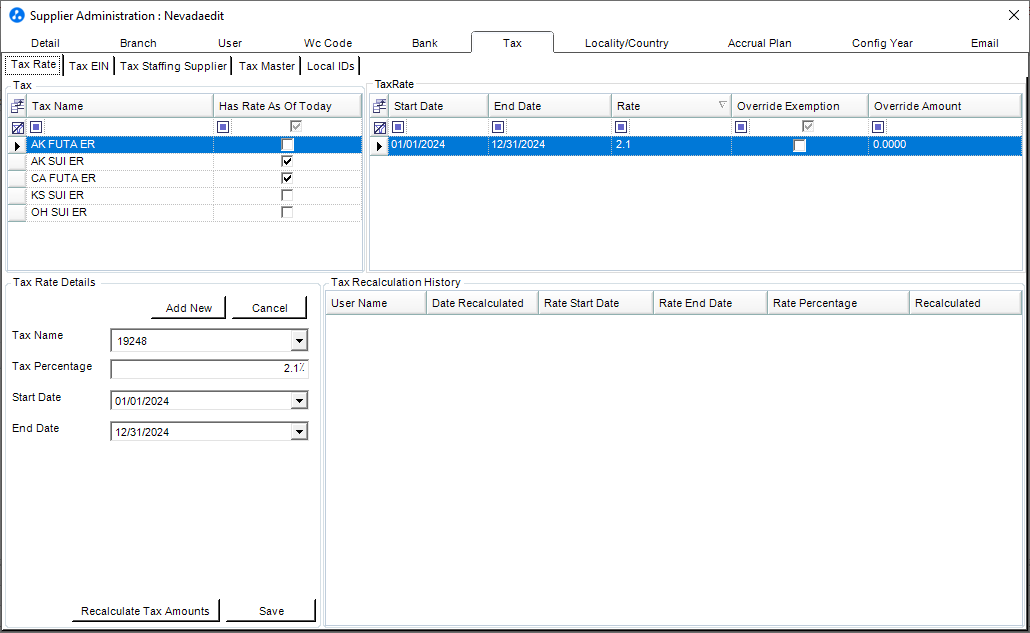 Tax Rate tab
