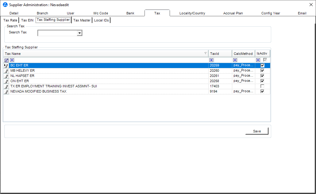 Tax Staffing Supplier tab