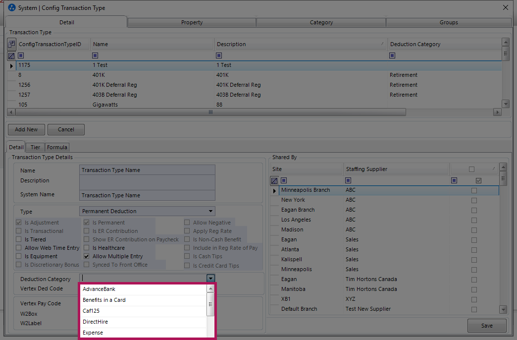 Deduction Category drop-down menu