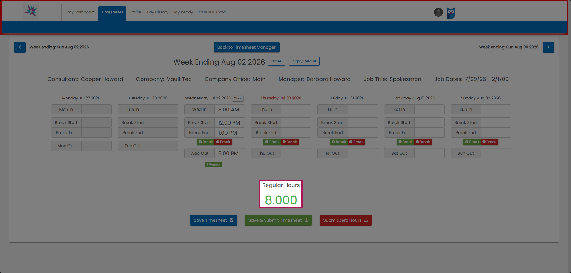Total Hours automatically calculated for the week