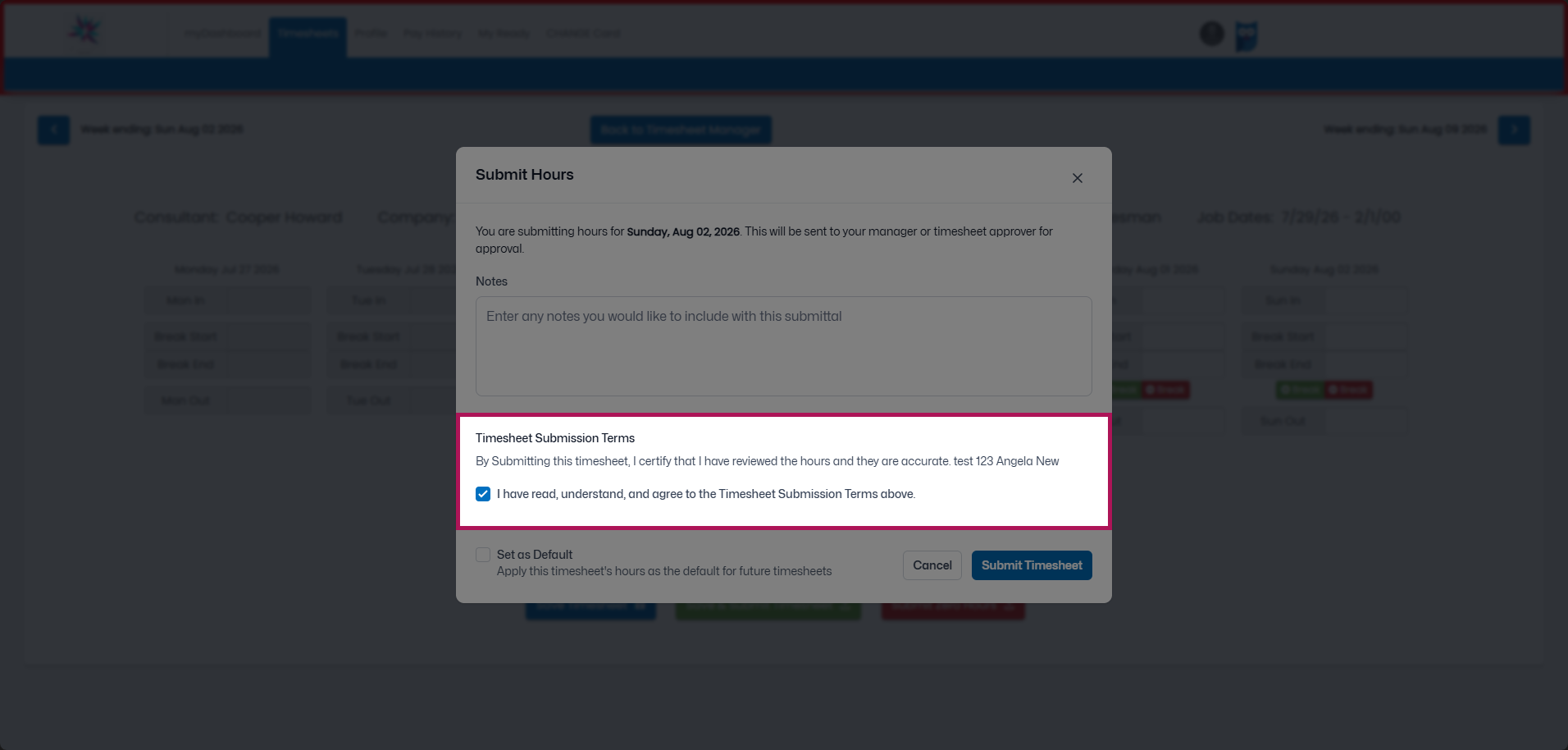 Confirmation pop-up with timesheet submission terms checkbox