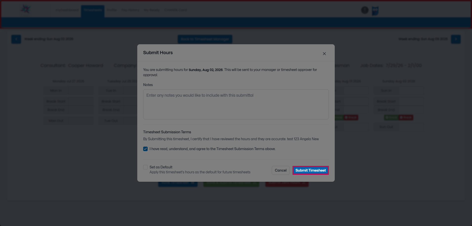 Submit Timesheet button