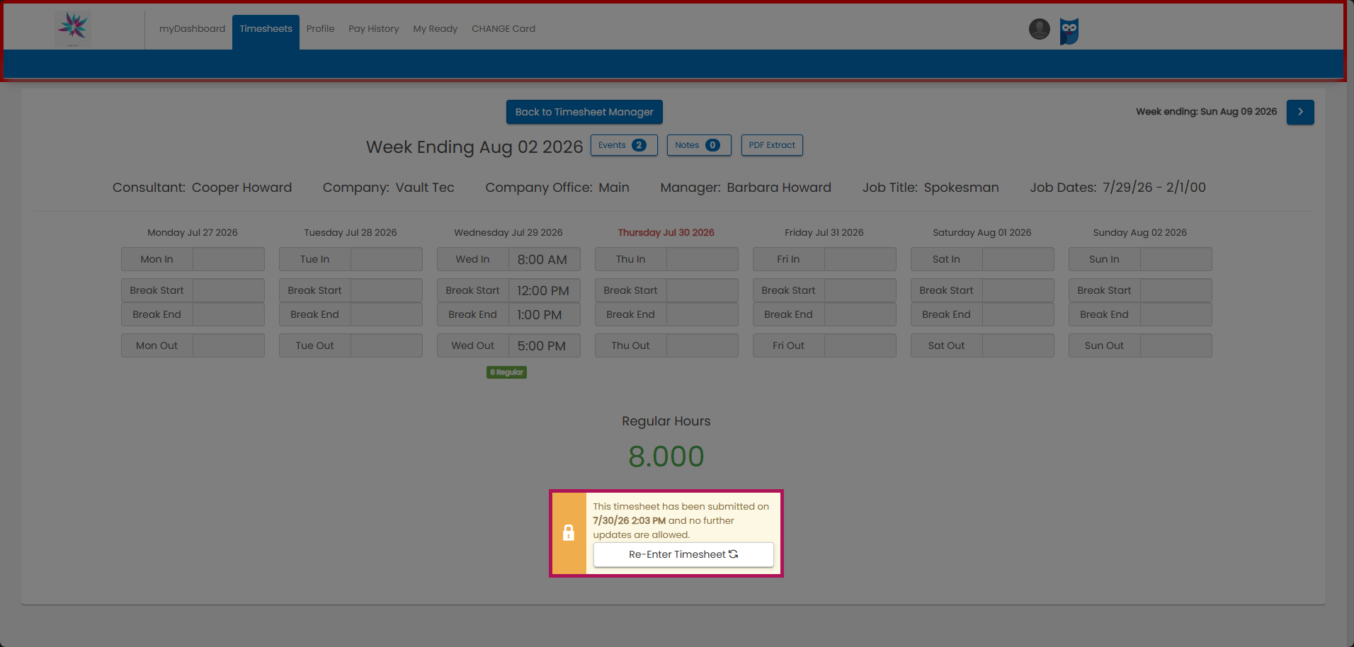 Re-Enter Timesheet button