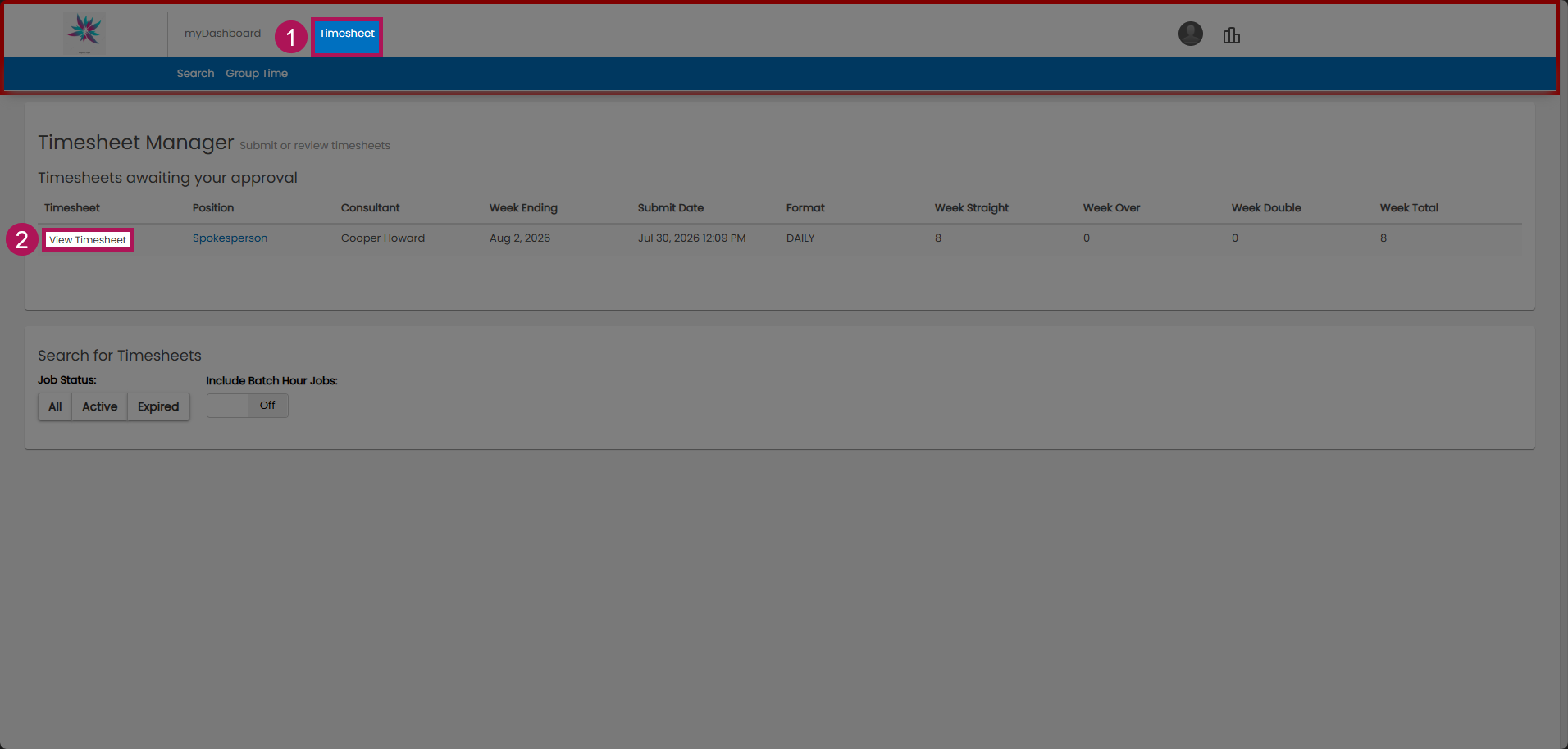 View Timesheet button for a talent and job