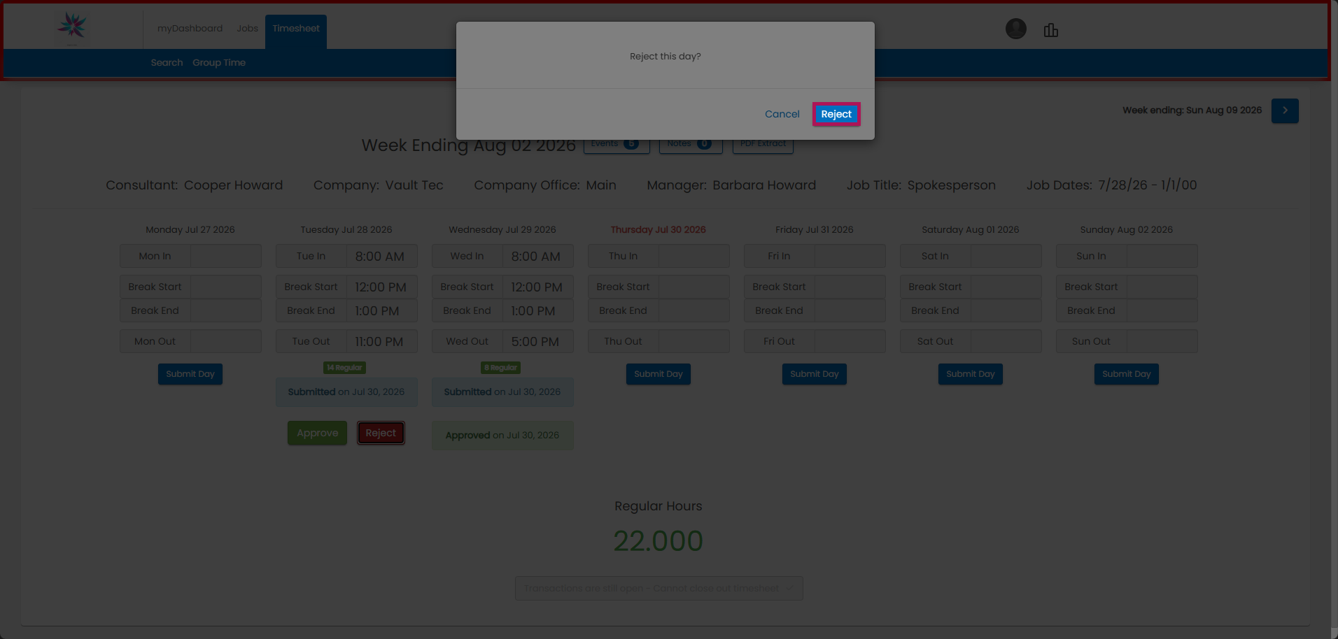 Reject confirmation pop-up