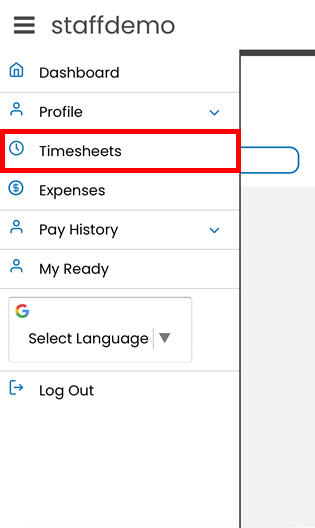 Timesheets option in the portal menu
