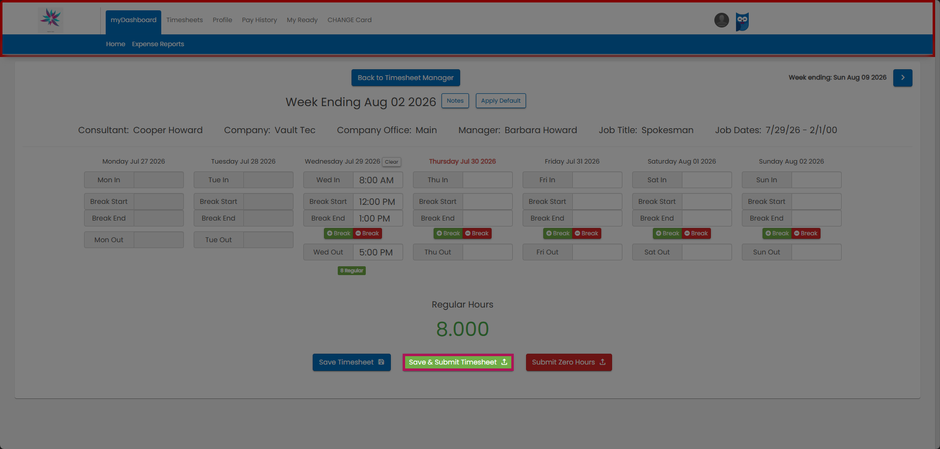 Save and Submit Timesheet button