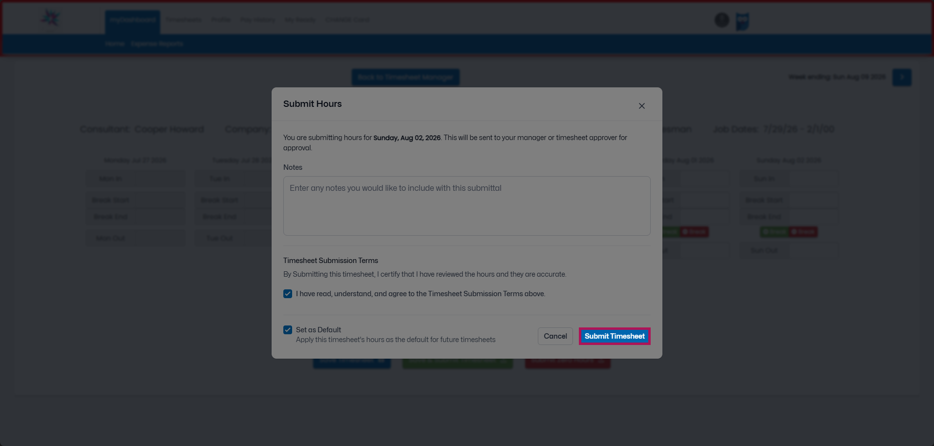 Submit Timesheet button