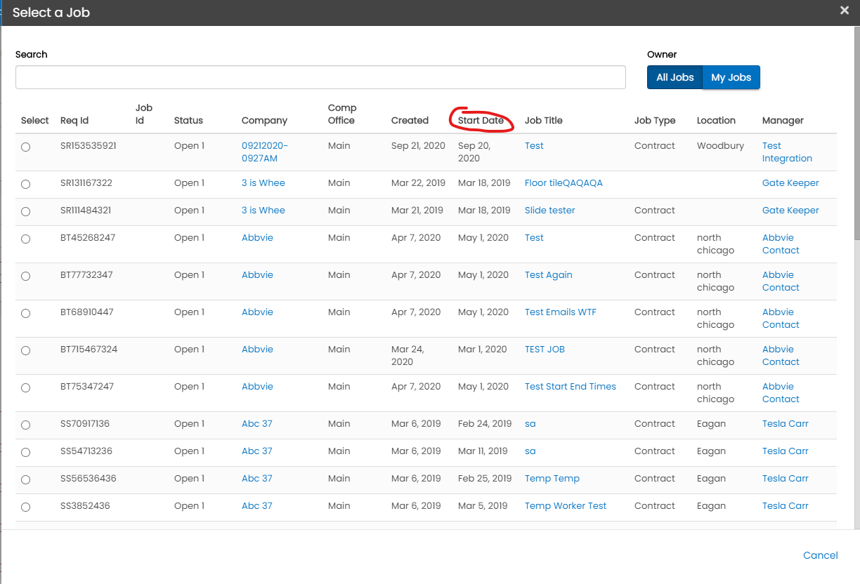 Select a Job flyout showing available jobs with start dates
