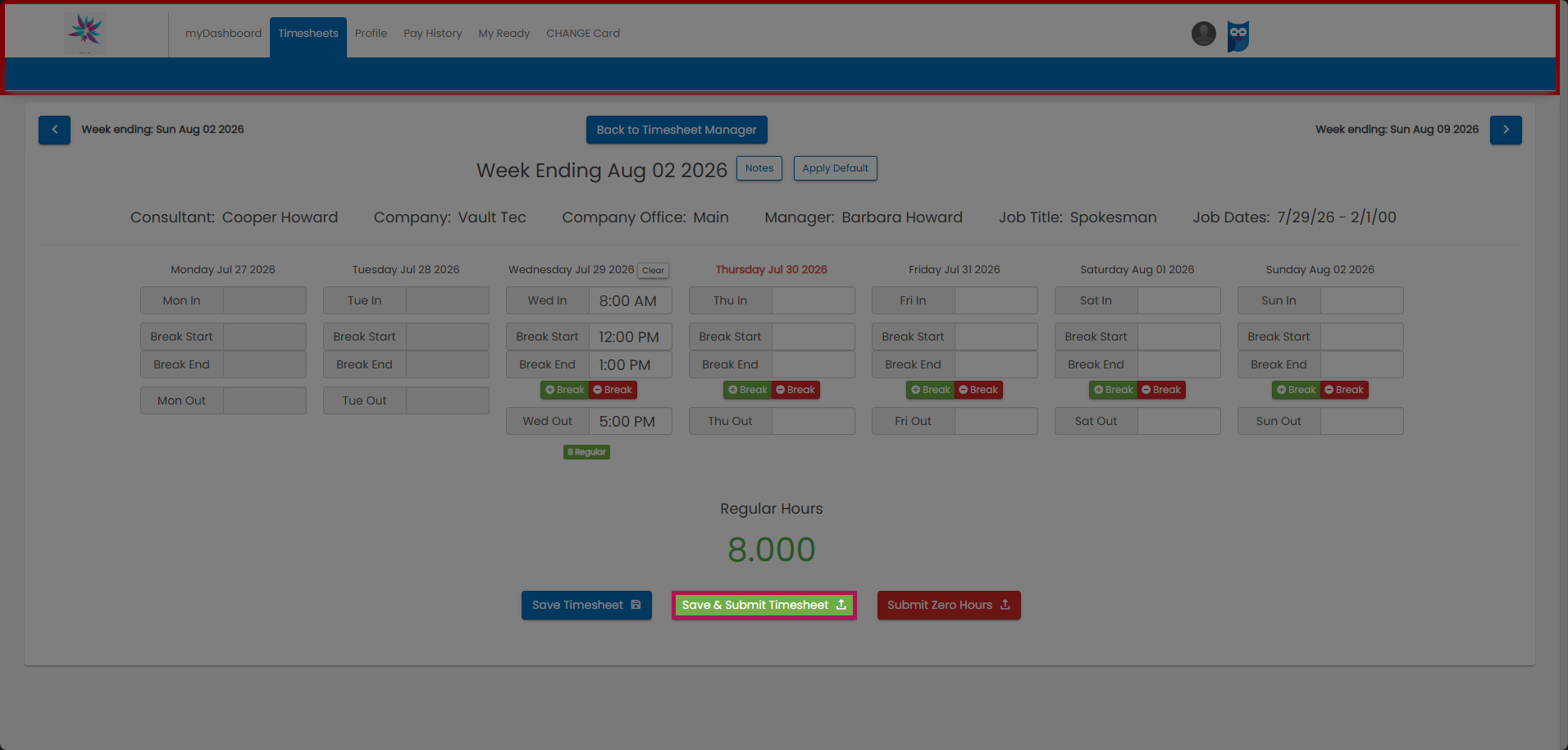 Save and Submit Timesheet button
