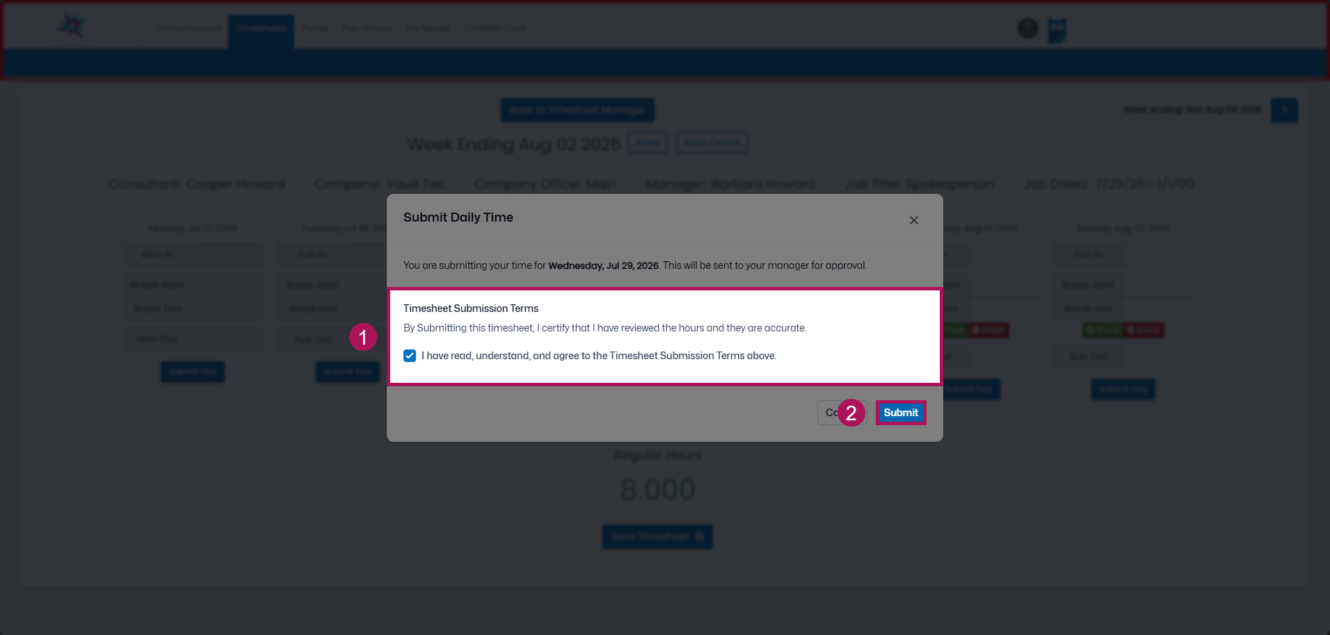 Submit hours confirmation pop-up with Submit button