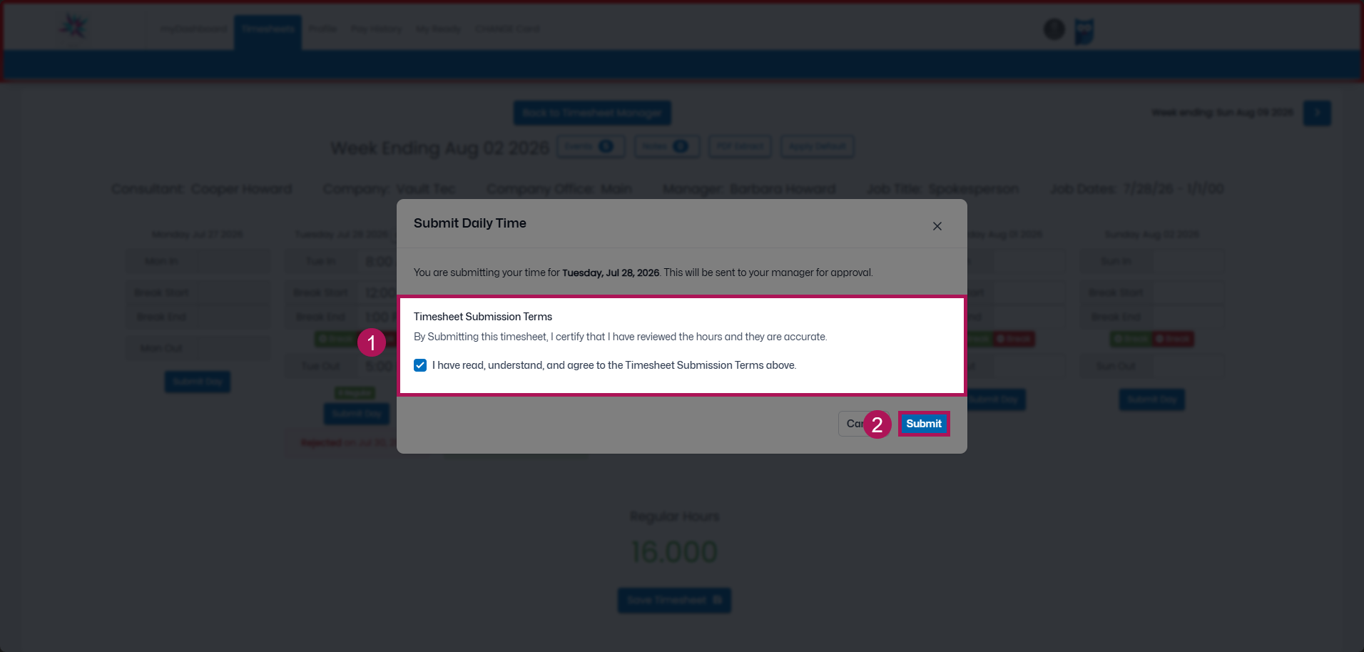 Submit hours confirmation pop-up