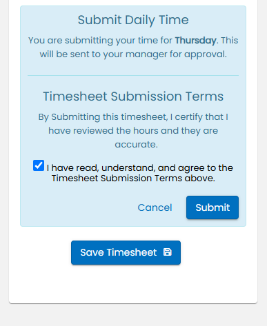 Confirmation pop-up with timesheet submission terms on mobile