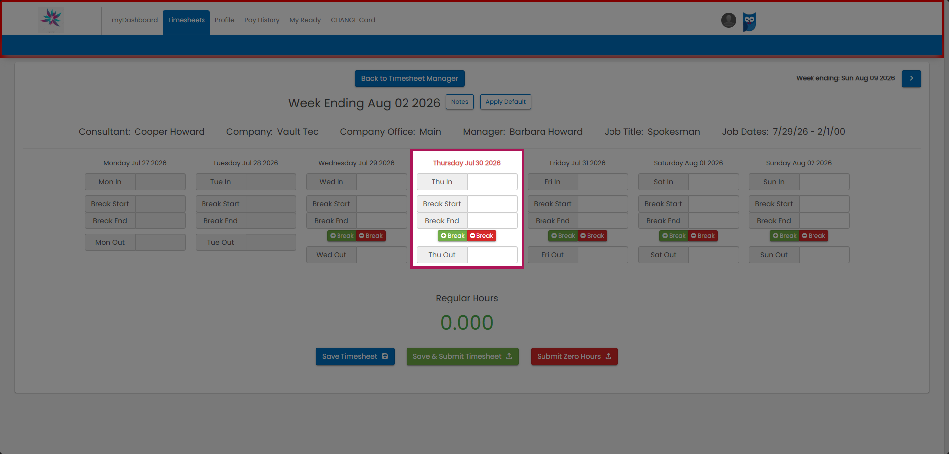 Timesheet with hours entered for a day