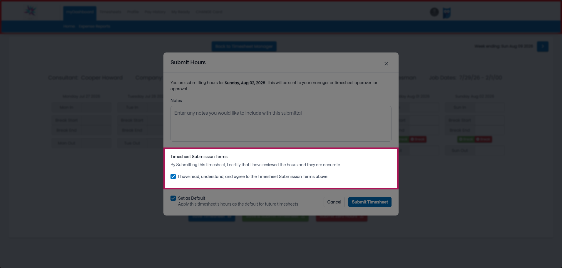 Submission terms checkbox in the submit pop-up