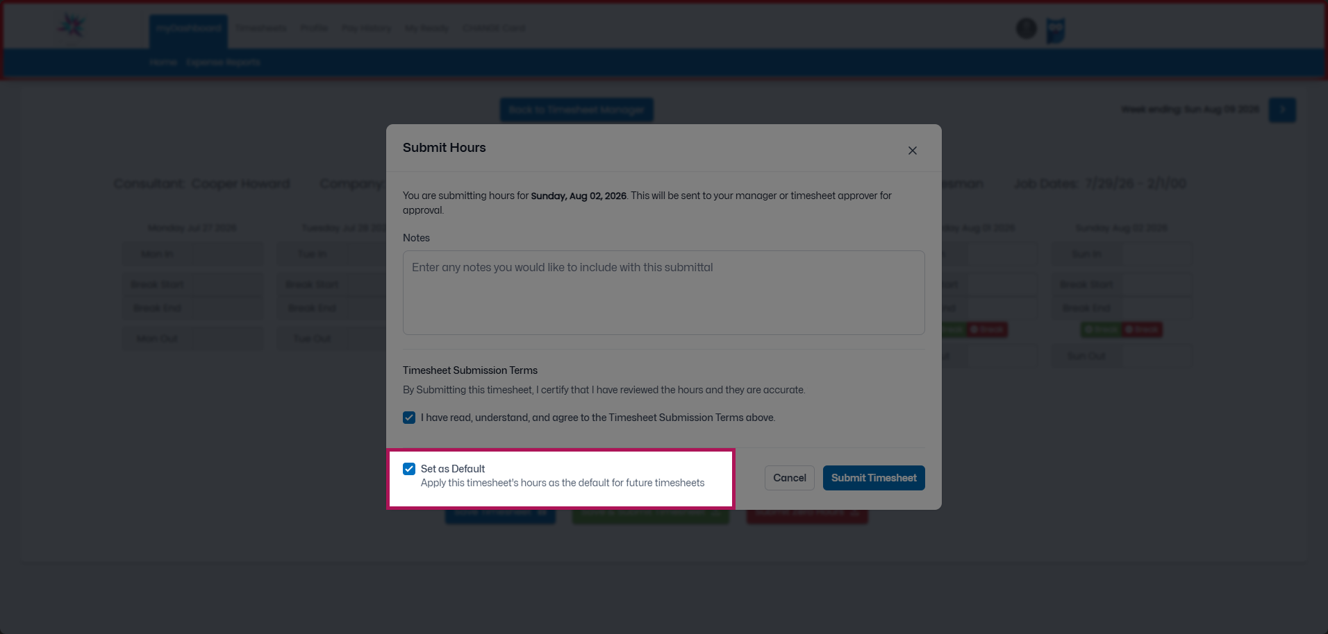 Set as Default toggle in the submit pop-up