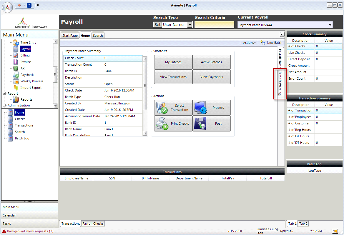 Payroll errors and warnings tab