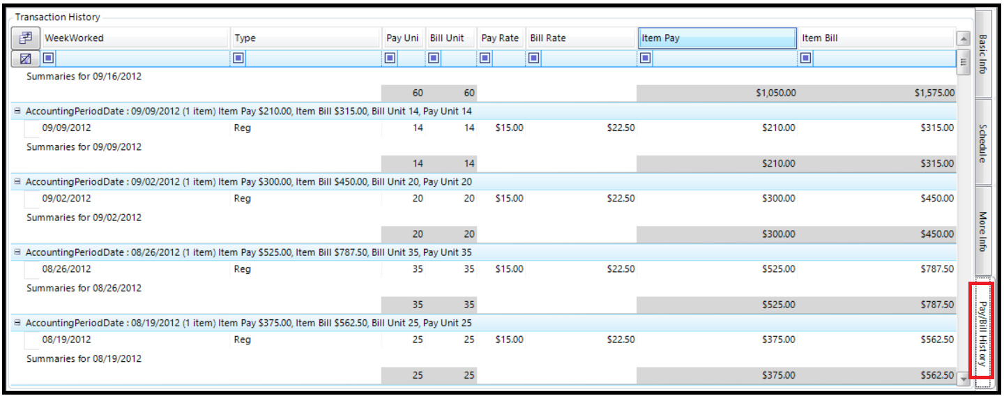 Assignment Detail Pay/Bill History tab