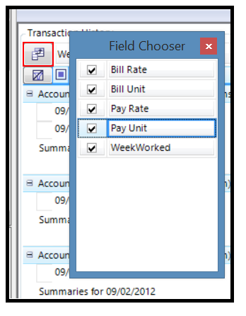 Transaction History field chooser